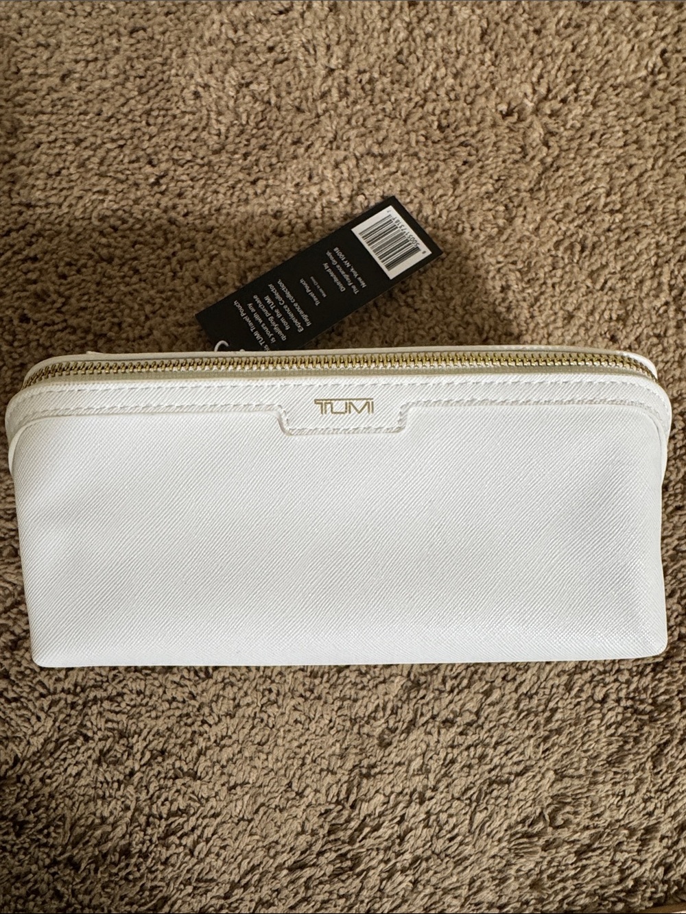 NWT Tumi White Double-Zip Cosmetic Toiletry Case Gold Hardware Travel Minimalism